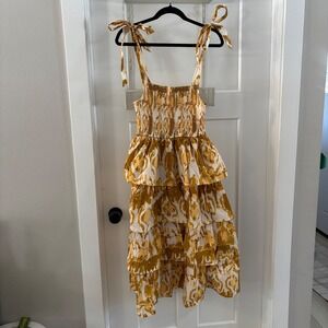 Cleobella Shae Ruffle Tiered Midi Dress Yellow Tie Shoulder Smocked Boho Small
